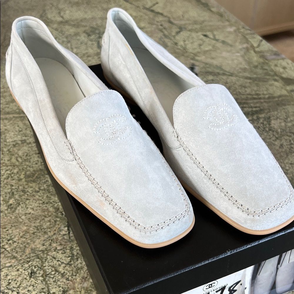 New vintage CHANEL Light blue Suede Loafers